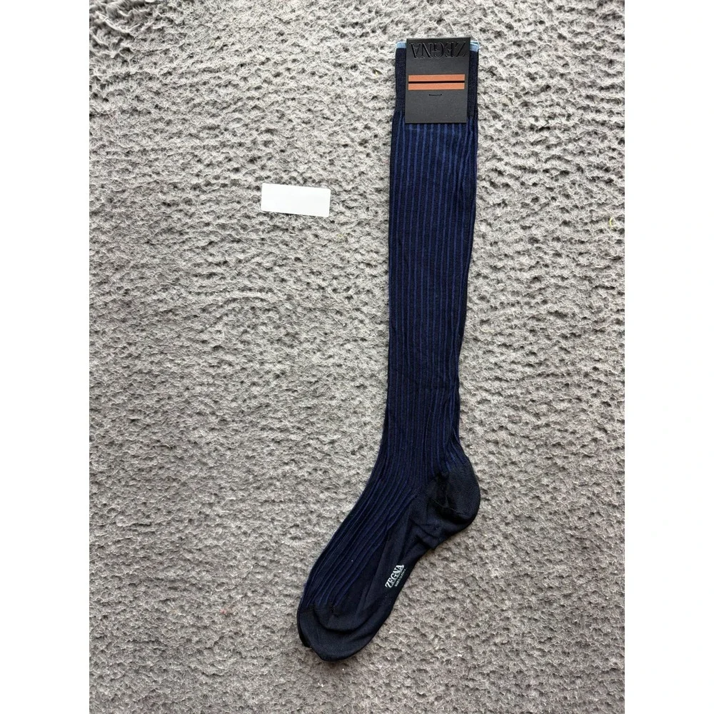 NWT Zegna Ribs Mercerised Stretch Cotton Knee Socks Navy Blue One Size Unisex